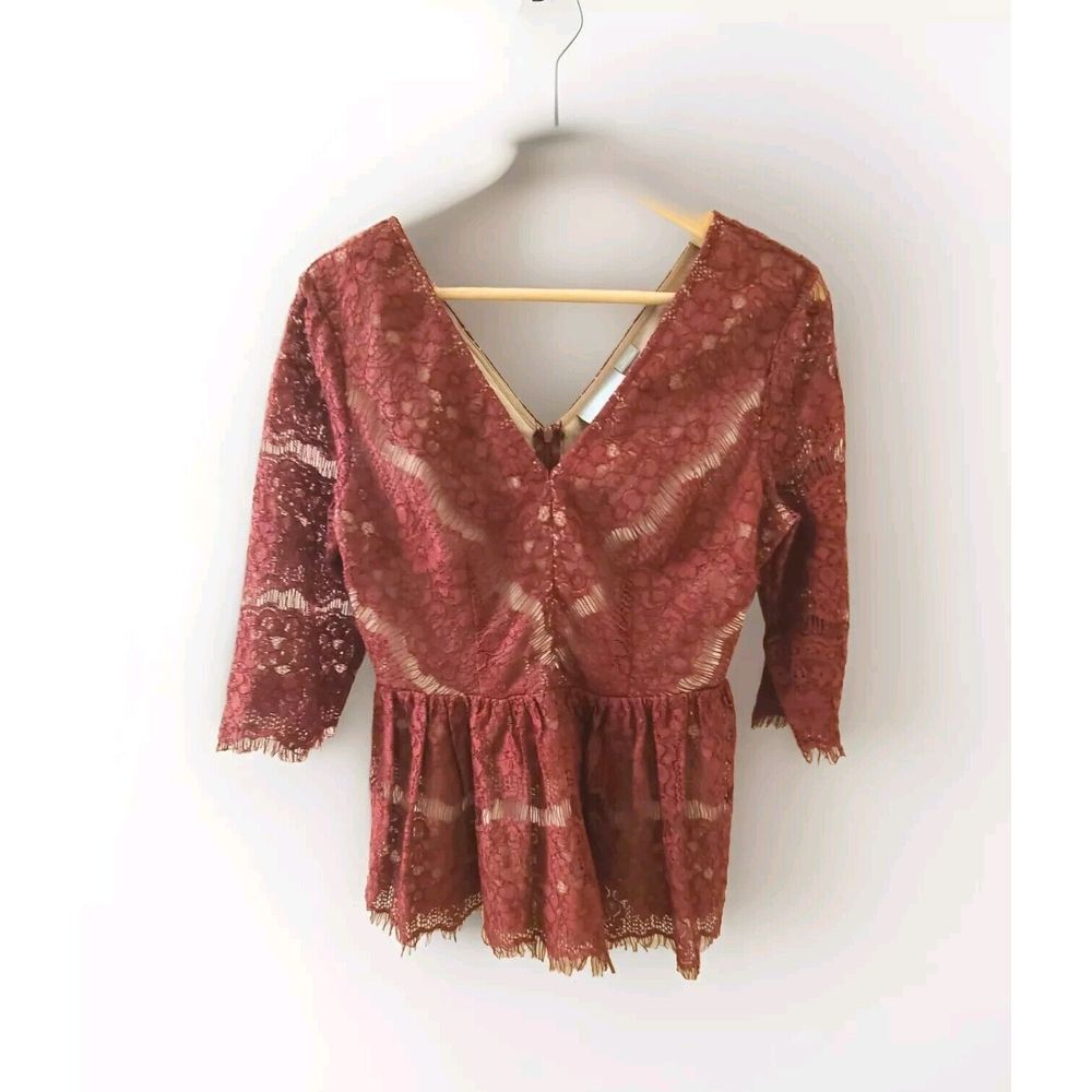 Maeve Red Lace Lined Blouse 3/4 Sleeve V-Neck Zip Peplum  Sz Small Anthropologie